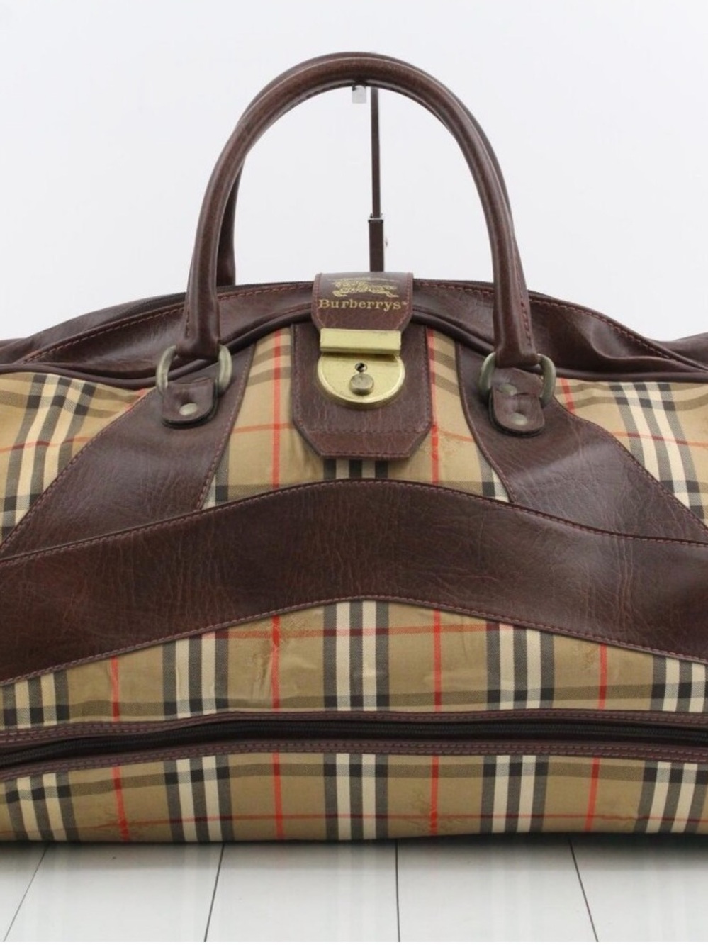 Burberry Tan Check Travel Holdall with Brown Leather Trim